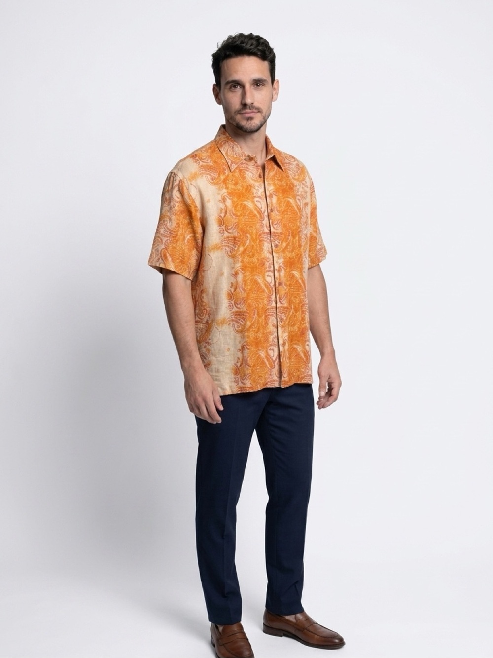 Syllables Men's Camp Shirt XL Orange & Cream Paisley Short Sleeve Button - Picture 12 of 12